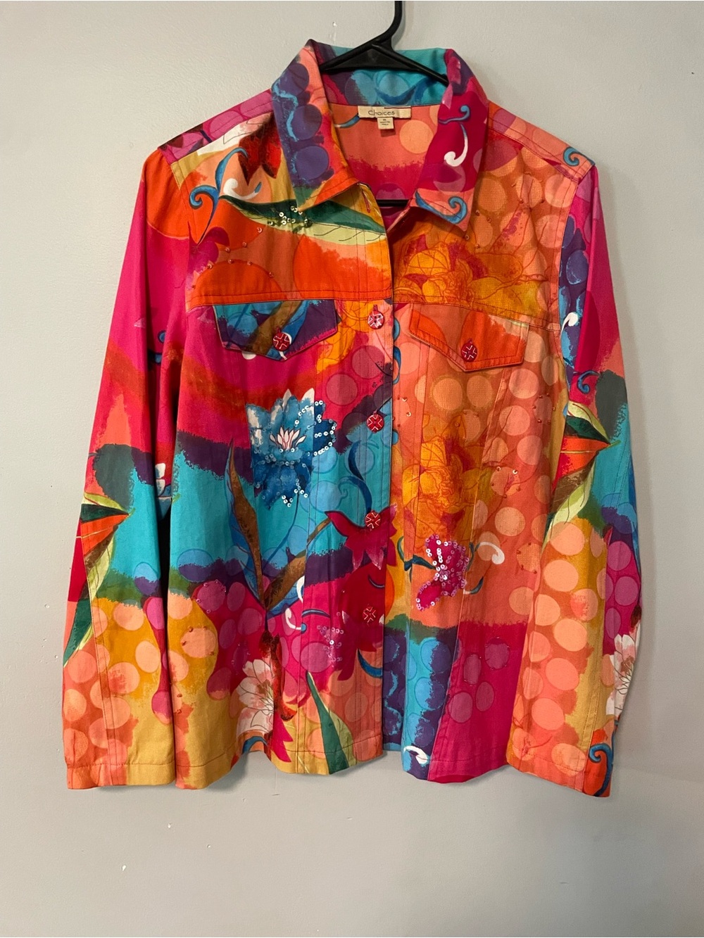 Choices Colorful Artsy Floral Button-Front Jacket Medium 100% Cotton